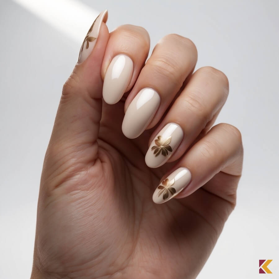 Krótkie paznokcie ecru, złoty akcent florystyczny