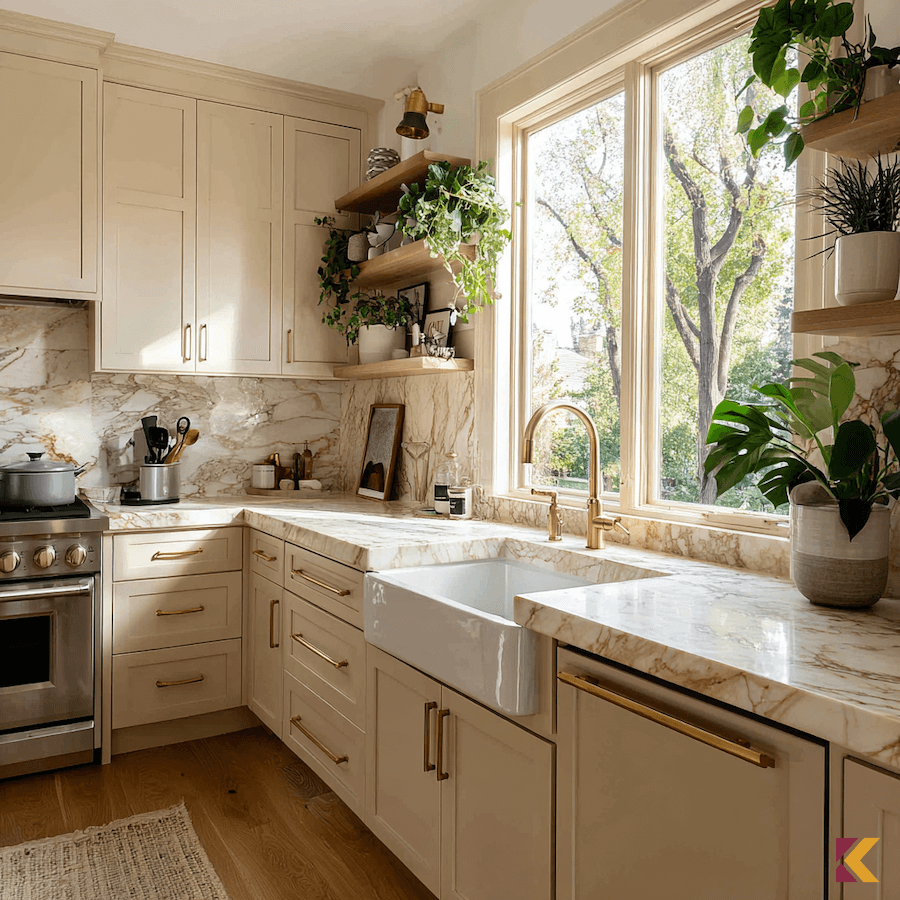 Kuchnia, meble ecru w połączeniu z marmurowym blatem