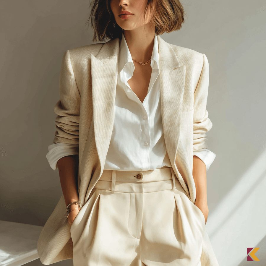 Marynarka damska i spodnie w kolorze ecru, biała koszula