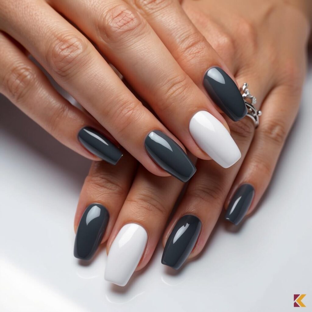 Paznokcie w kolorach: antracyt i biel