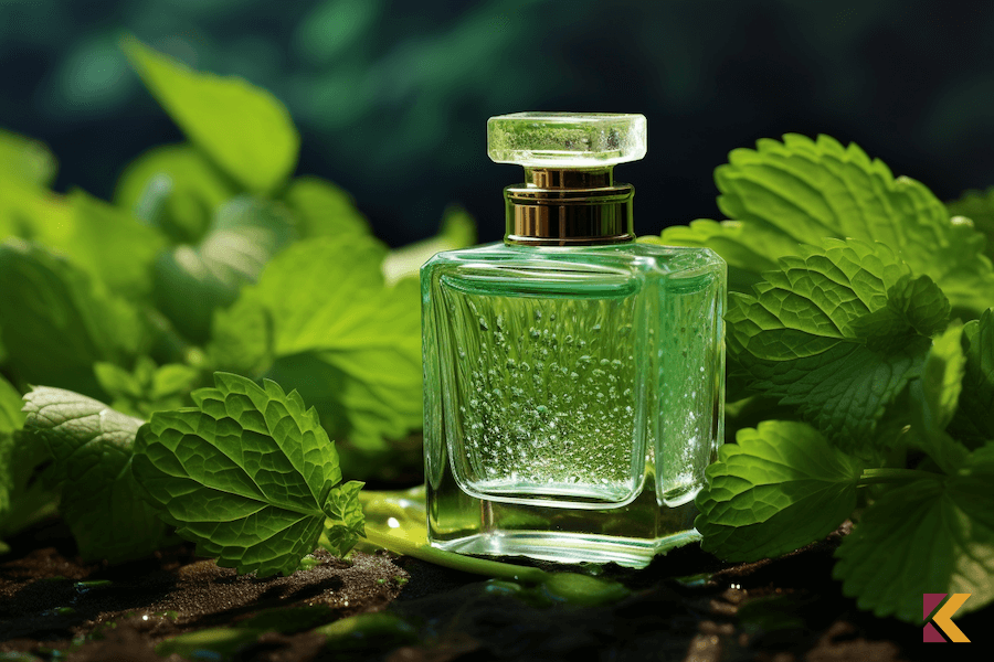 Perfumy na tle świeżych liści mięty
