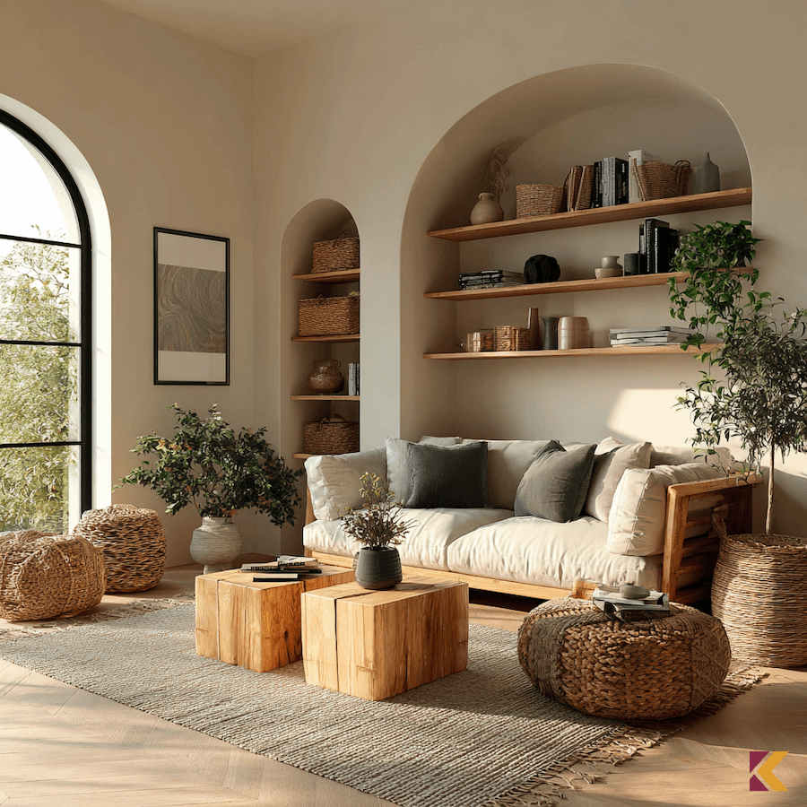 Pokój dzienny, drewniane meble, rattanowe dodatki, ściana ecru