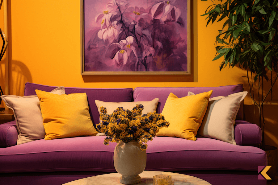 Salon z żółta ścianą, dodatki i meble w kolorze fioletowym, beżowym i zółtym