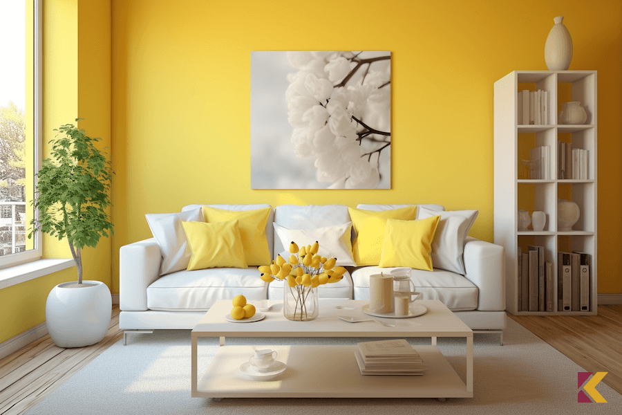Salon, żółta ściana, meble i dodatki w kolorach białym i beżowym