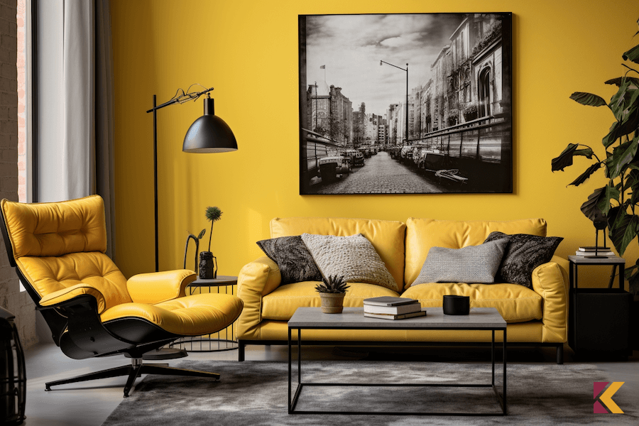 Salon, żółte ściany i meble, szare i czarne dodatki