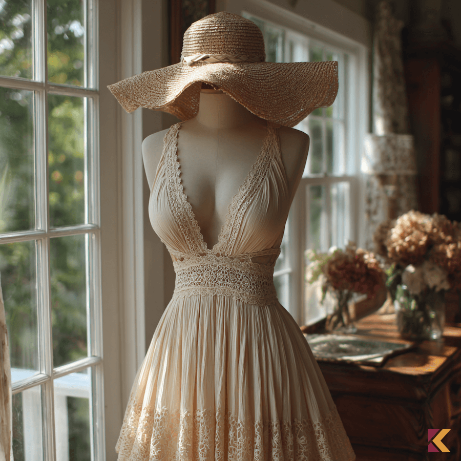 Słomkowy kapelusz i letnia sukienka ecru wisząca na manekinie