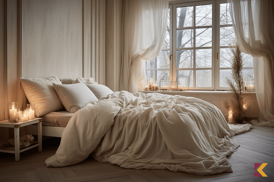 Sypialnia, kolory ecru i biały