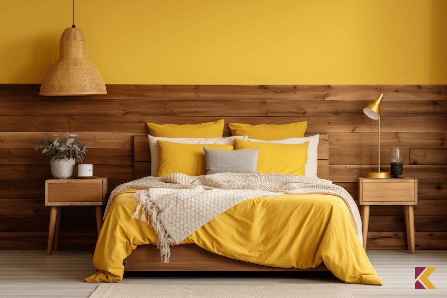 Salon, żółta ściana, za łóżkiem obicie z desek w naturalnym kolorze drewna