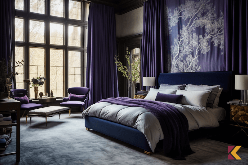 Sypialnia, zasłony i dodatki w kolorze indygo