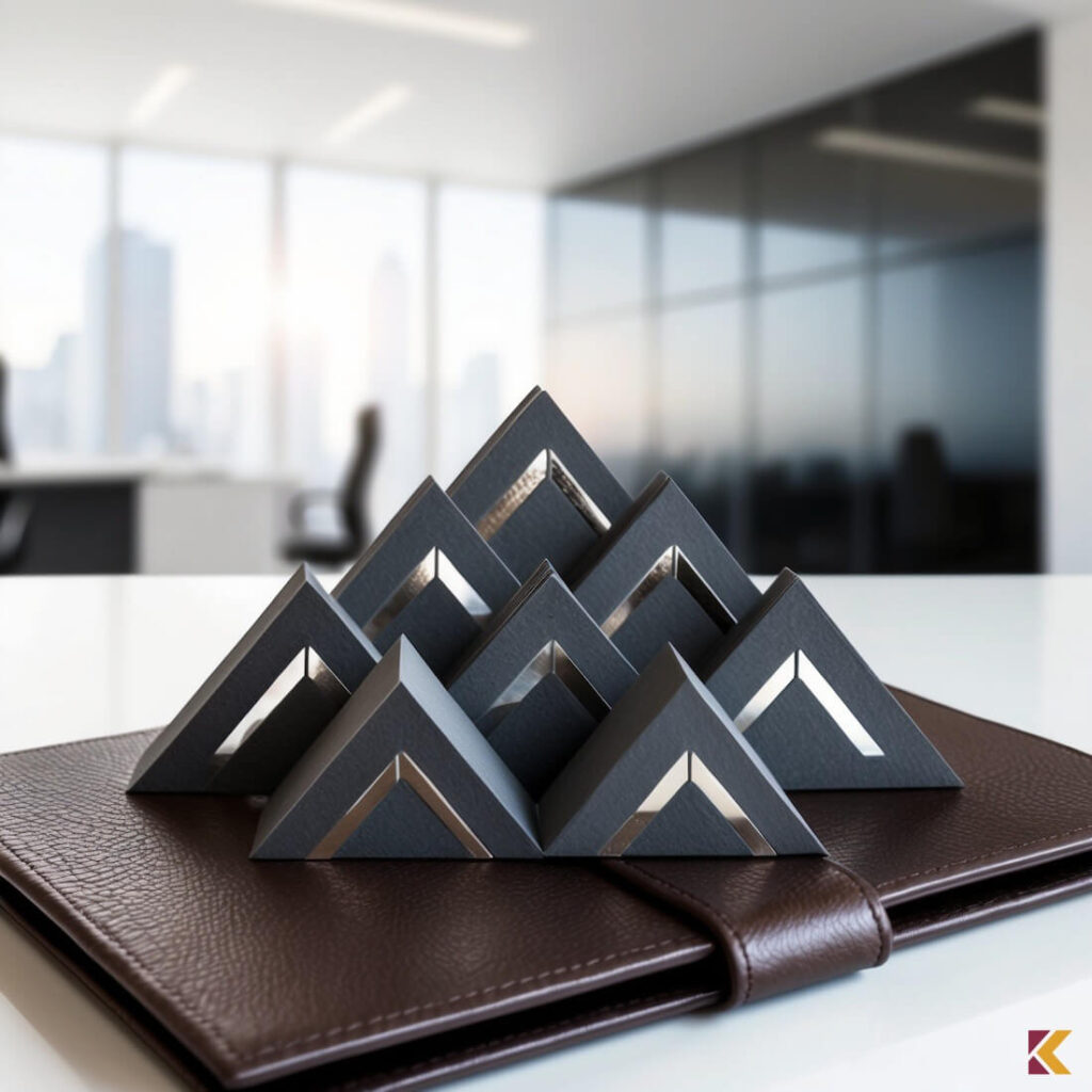 Antracytowe trójkąty ze srebrnym zdobieniem ułożone na notesie