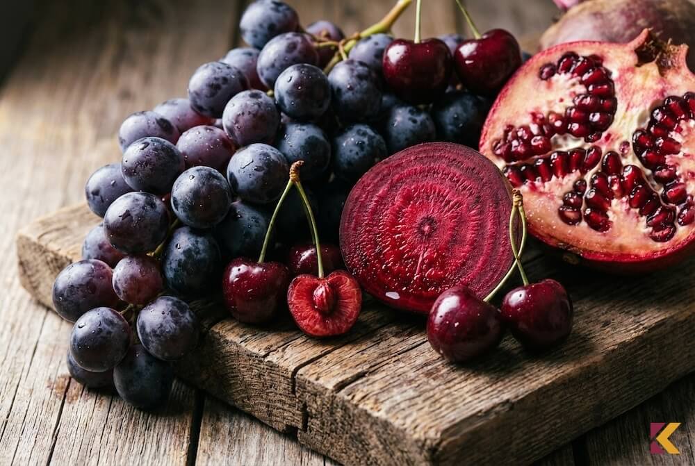 Ciemne winogrona, wiśnie i buraki ułożone na drewnianej desce