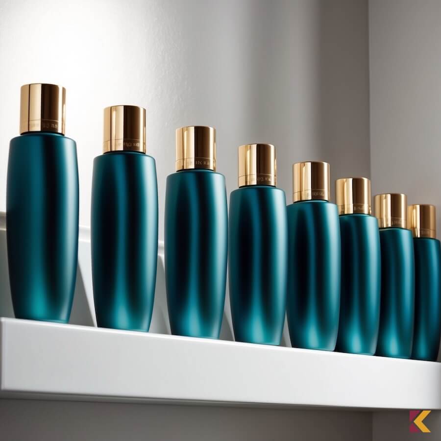 Buteleczki kosmetyku w kolorze petrol ze złotą nakrętką
