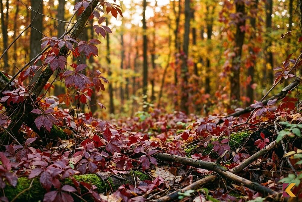 Burgundowe jesienne liście klonu i pnącza na tle rozmytego parku
