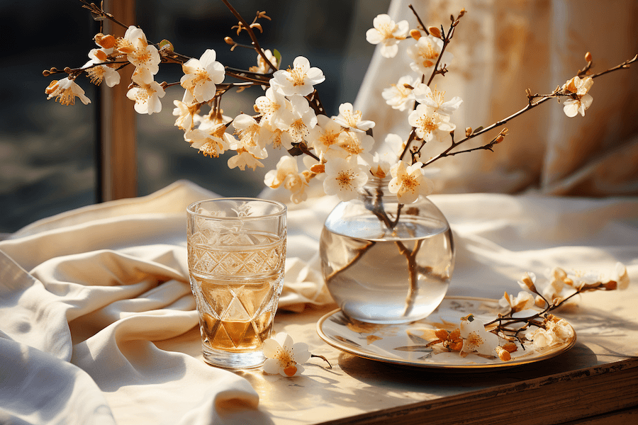 Kremowy obrus na stoliku obok wazonu z kwiatami i szklanki z wodą