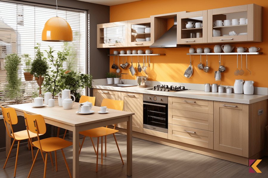 Kuchnia, pomarańczowa i szara ściana, jasne drewniane meble