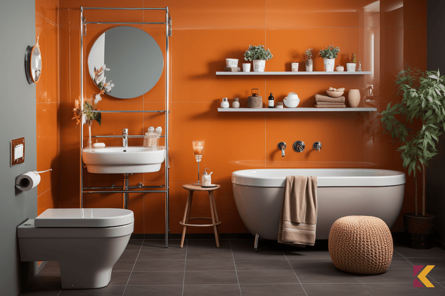 Łazienka, pomarańczowe płytki na ścianie głównej, na podłodze płytki w odcieniach szarości, biała armatura