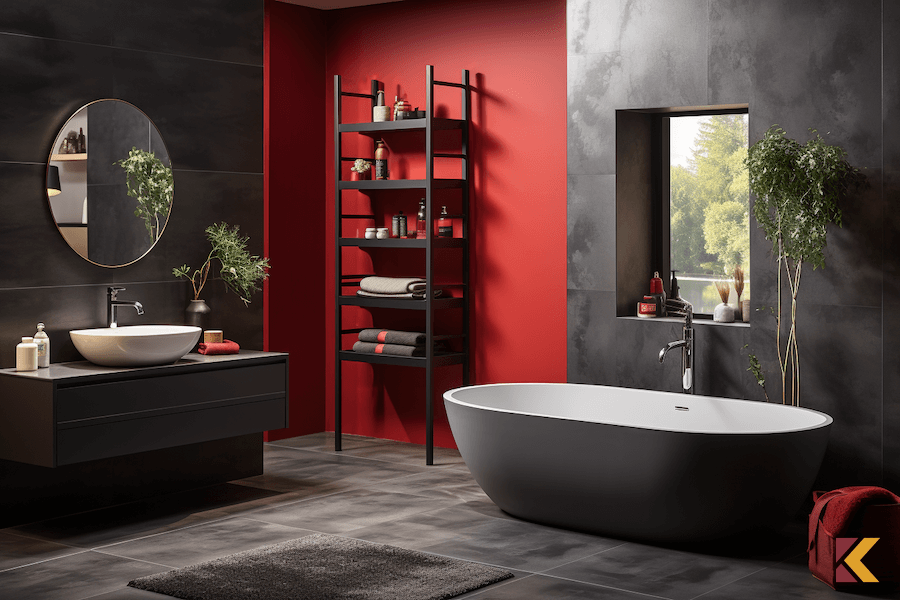 Łazienka: szare ściany i podłogi z czerwoną ścianą akcentową