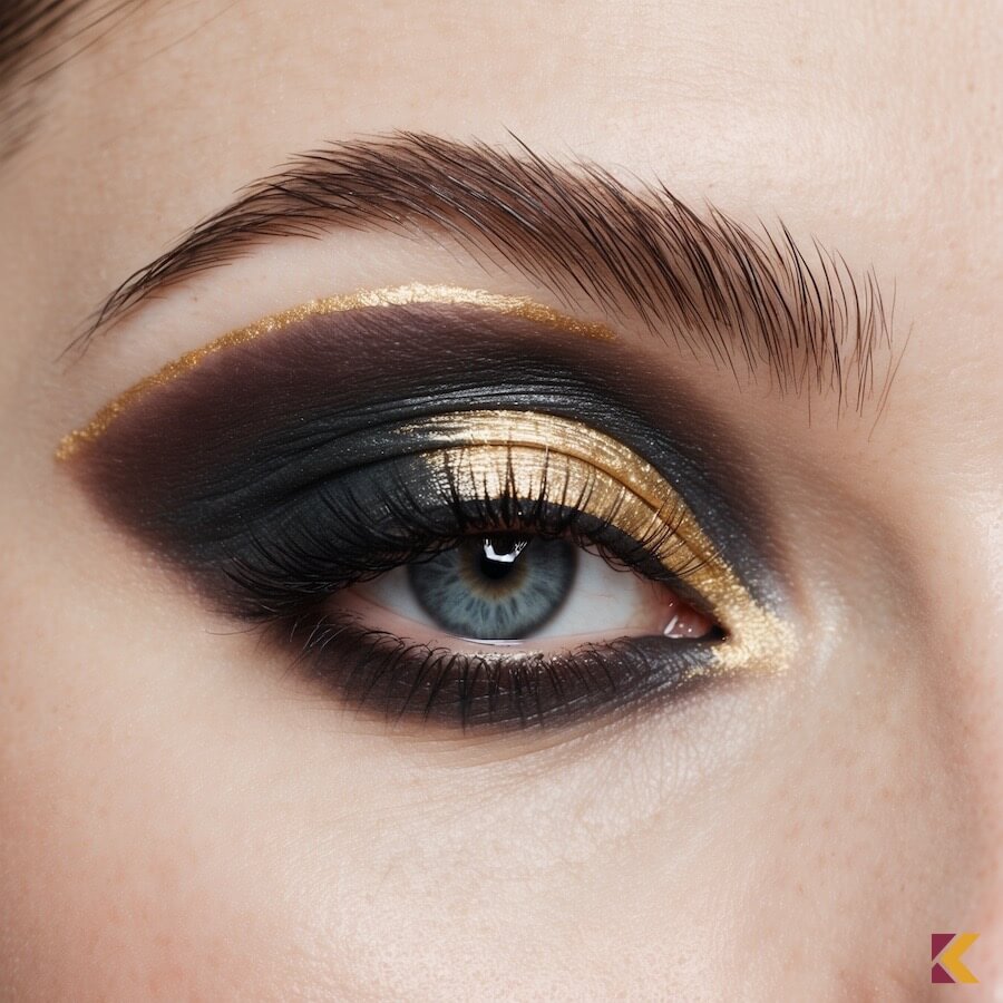 Makijaż oka, złoty i petrol
