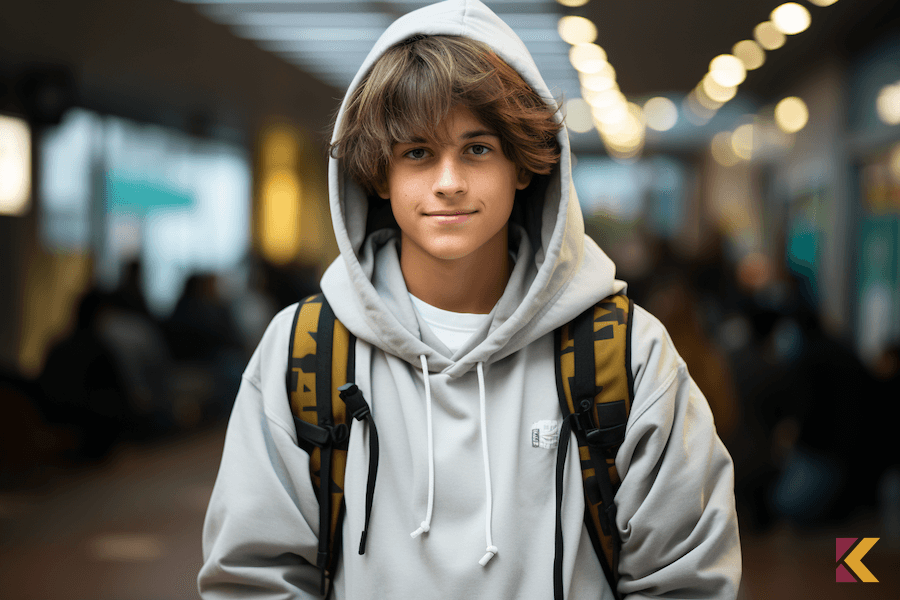 Nastolatek w bluzie "hoodies" koloru gołębiego
