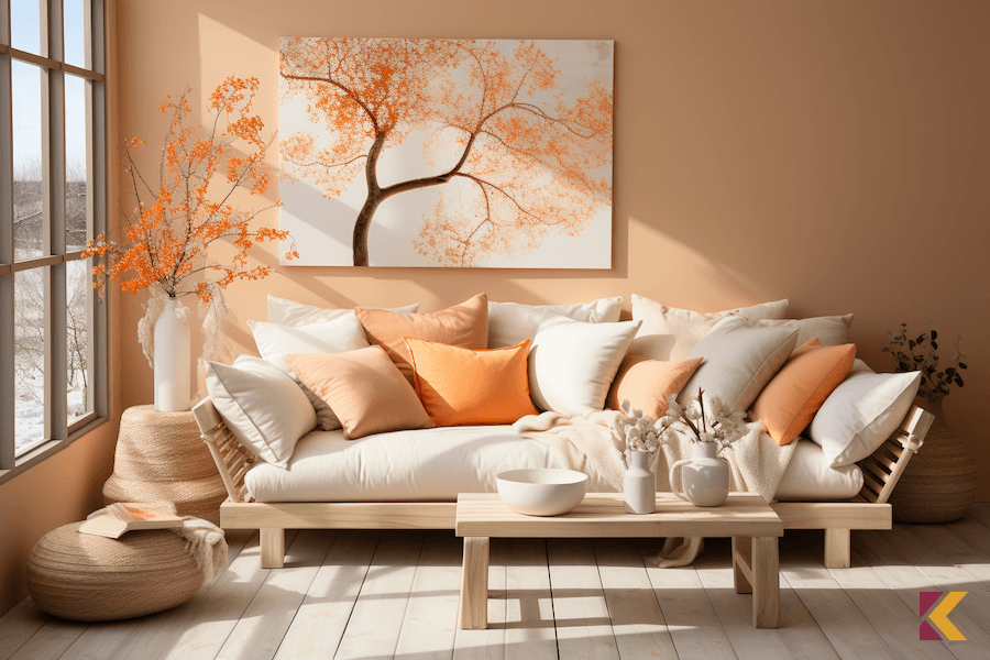Salon styl skandynawski, pastelowo pomarańczowe ściany, jasne meble i dodatki