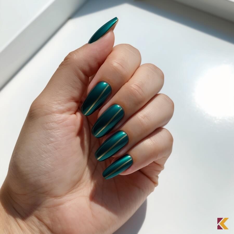 Paznokcie petrol ze złotym podłużnym paskiem