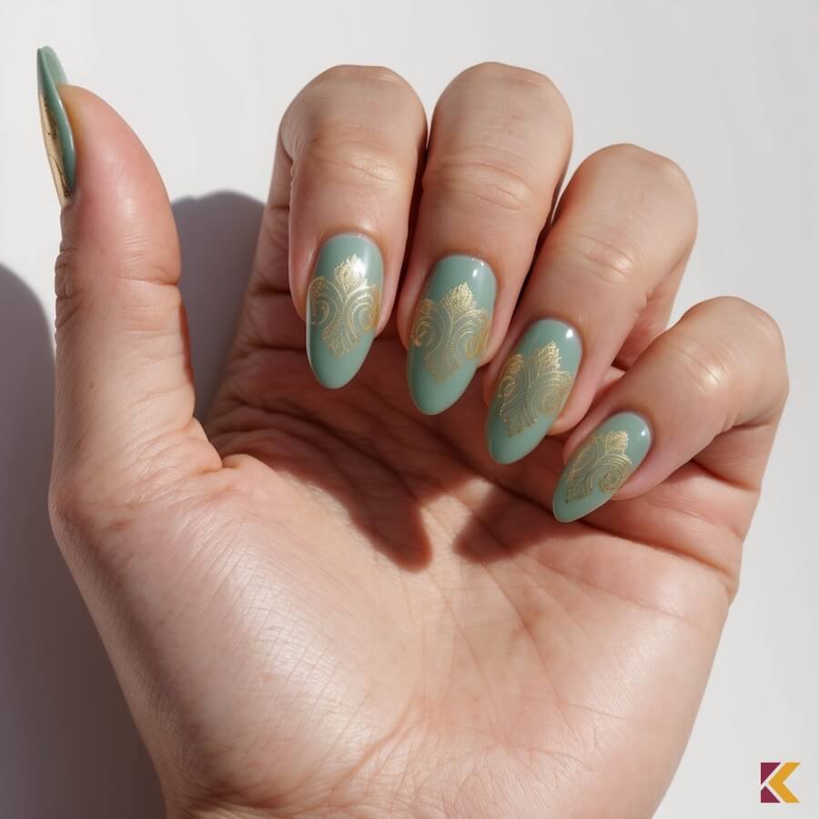 Paznokcie, seledynowa baza, złote ornamenty