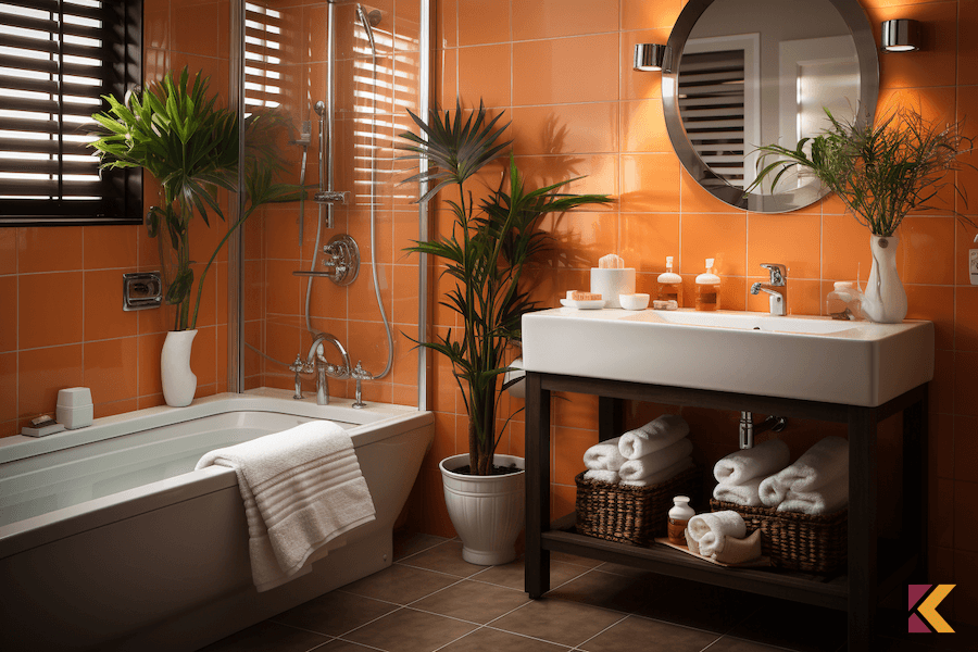 Łazienka z pomarańczowymi płytkami na ścianie