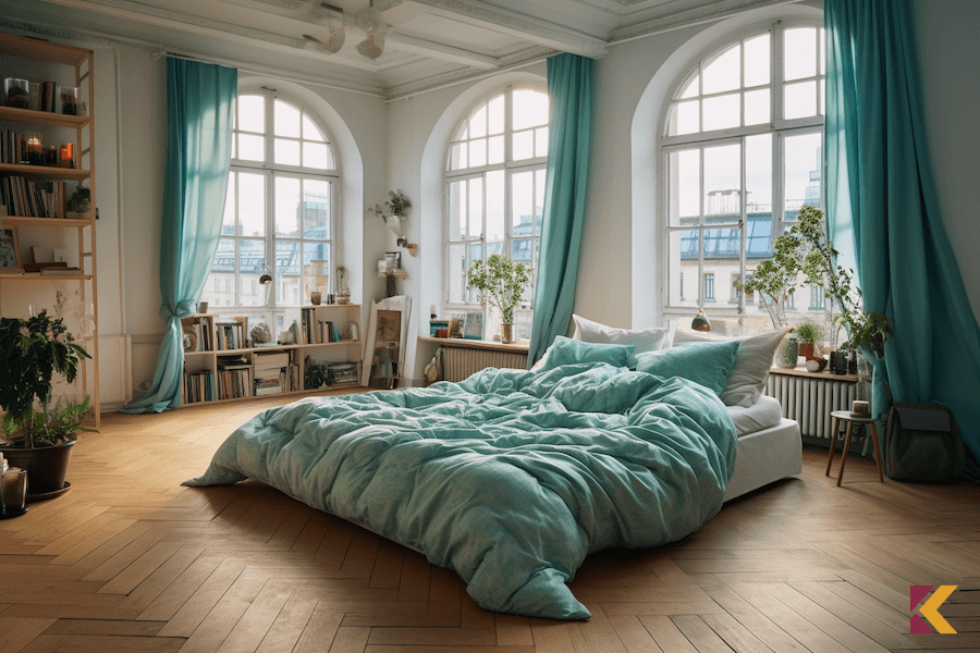 Przestronna sypialnia z jasnoturkusową pościelą i zasłonami
