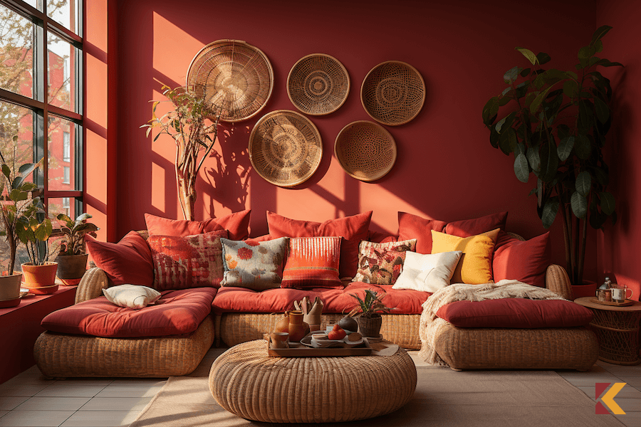 Salon w stylu boho: czerwone ściany, wiklinowa sofa i stolik, czerwone materace i poduszki