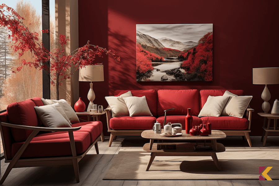 Salon: czerwone ściany, białe dodatki, drewno