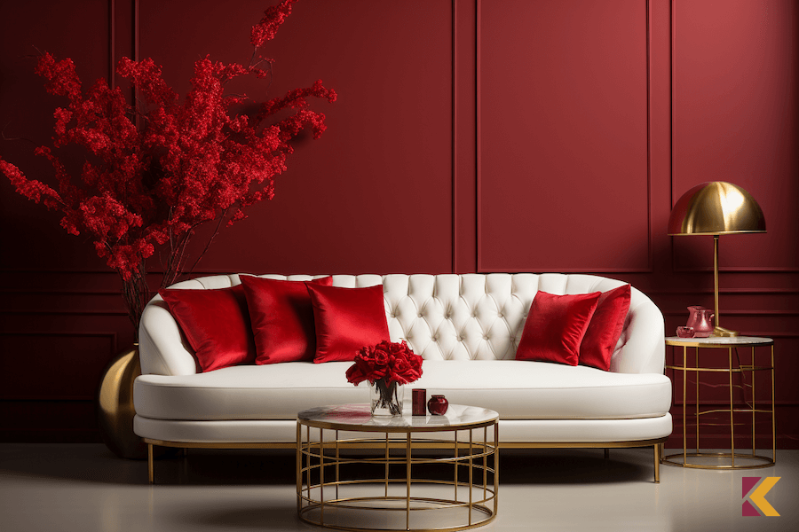 Salon glamour: czerwone ściany, biała sofa, złote i czerwone dodatki