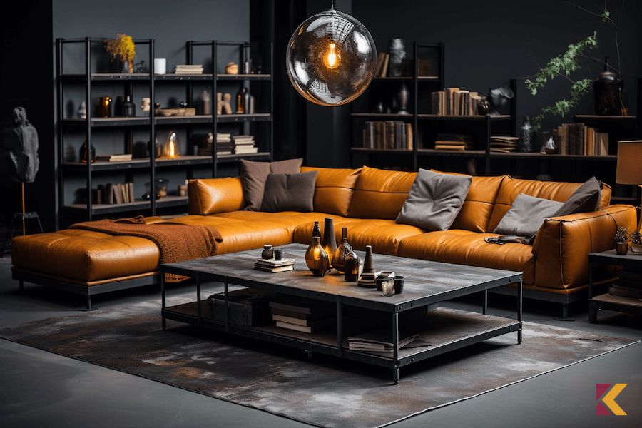 Antracytowe ściany w salonie, pomarańczowa sofa, metalowe meble