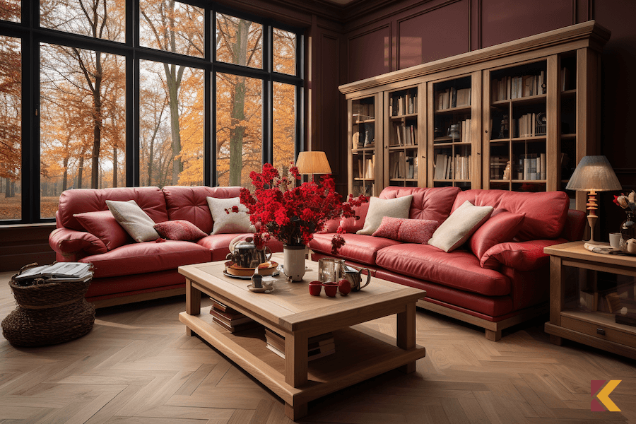 Pokój dzienny w stylu klasycznym: brunatne ściany, jasne drewniane meble i podłoga, czerwony komplet wypoczynkowy