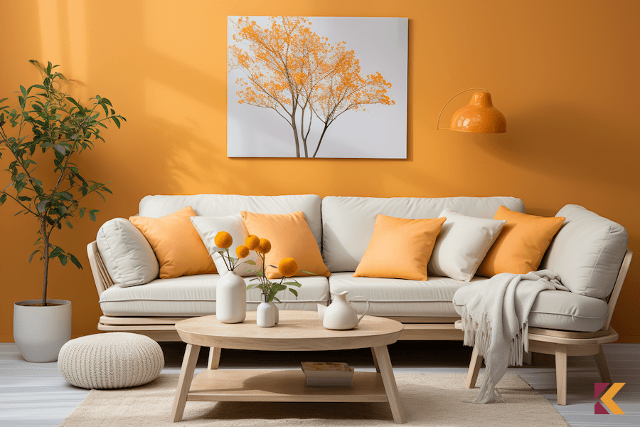Pomarańczowa ściana, tapicerka mebli ciepła biel