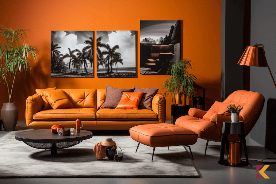 Salon, ściany w kolorze intensywnie pomarańczowym i antracytowym