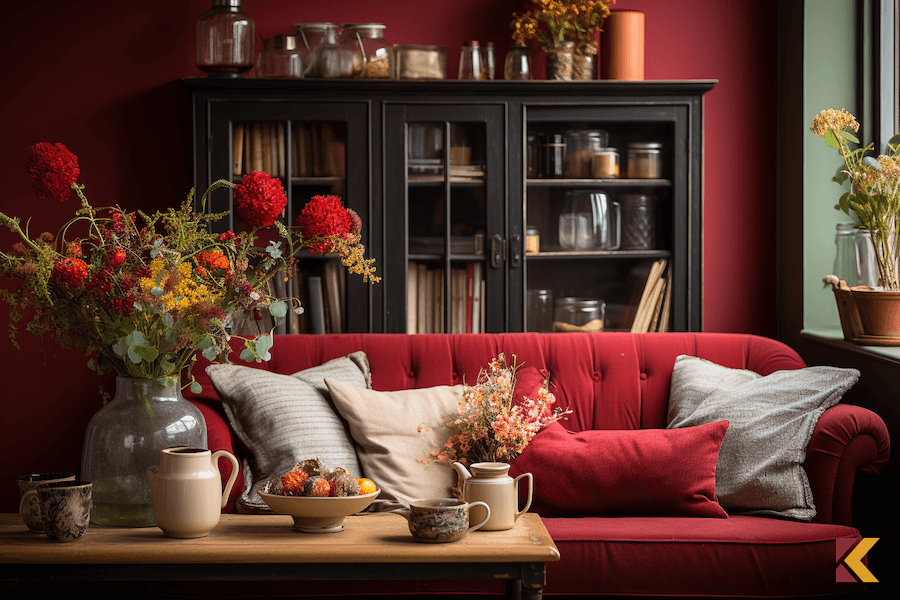 Salon vintage: czerwone ściany i sofa, szare i bezowe dodatki, ciemnobrązowa szafa za sofą
