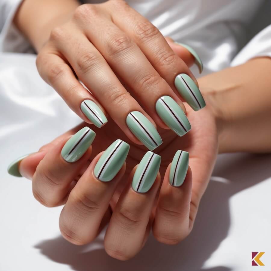 Seledynowe paznokcie z białymi i burgundowymi liniami