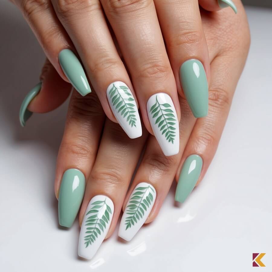 Seledynowe paznokcie z motywem liści paproci na dwóch paznokciach