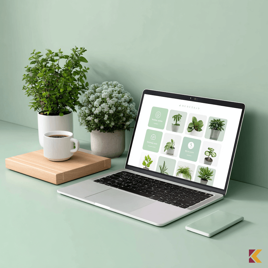 Strona internetowa na laptopie, grafika z dominacją koloru seledynowego na białym tle