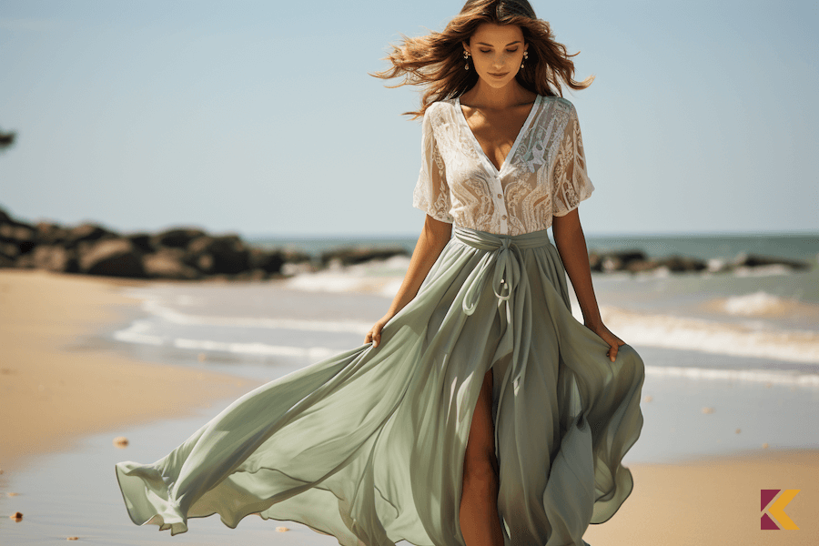 Kobieta na plaży w stylizacji z długą seledynową spódnicą i białym, koronkowym topem