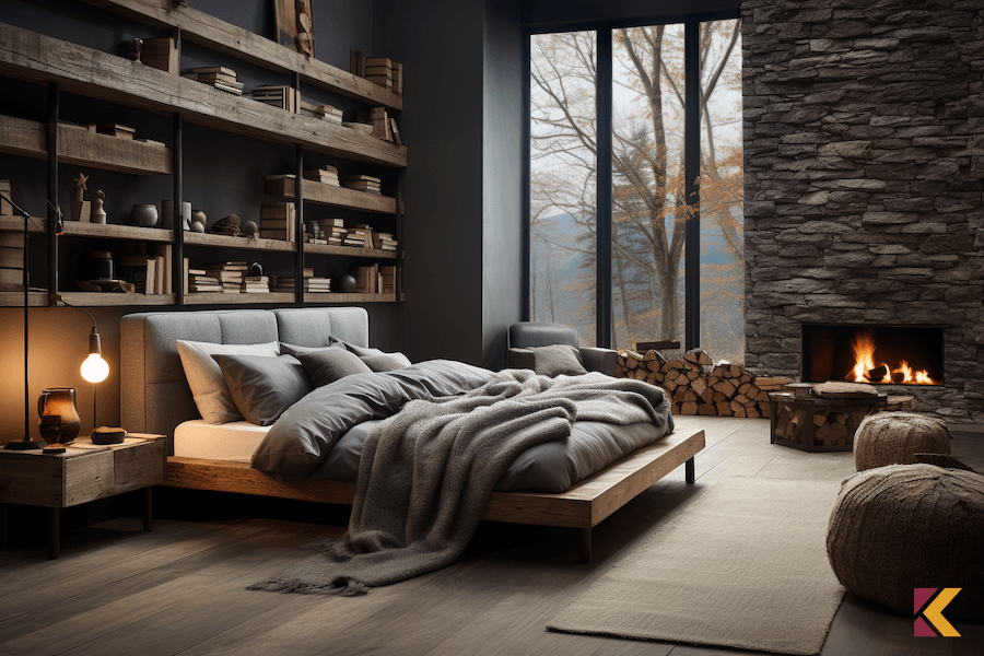 Sypialnia z ciemnoszarymi ścianami, drewnem, kamieniem i innymi naturalnymi materiałami 