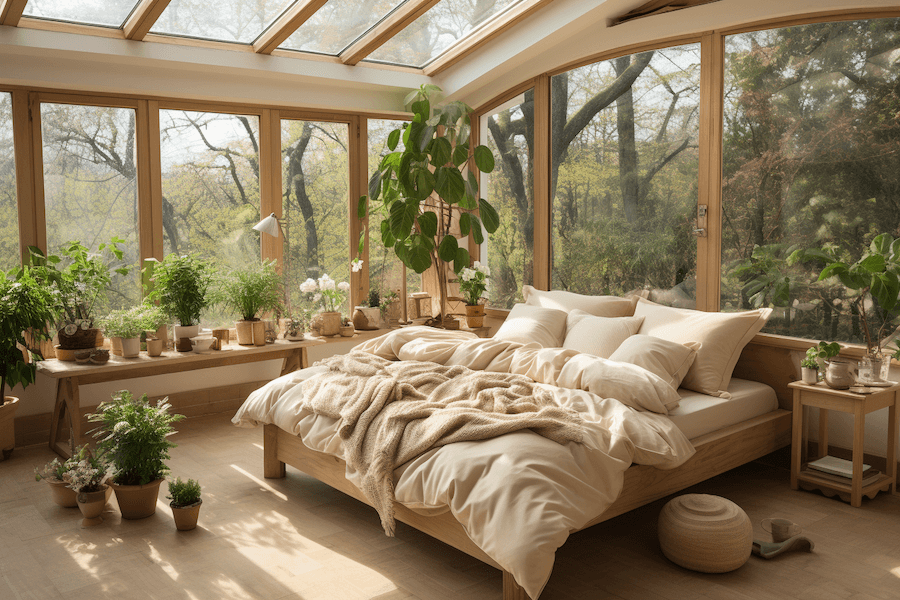 Sypialnia w kolorze kremowym z dodatkiem jasnego drewna
