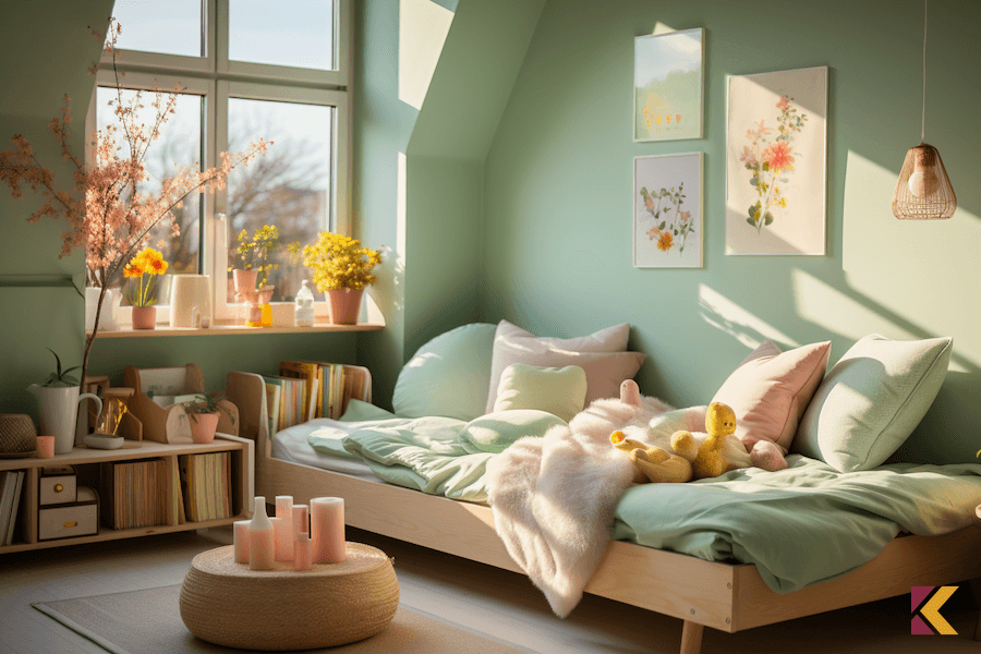 Sypialnia, pokój dziecięcy, w kolorze seledynowym z dodatkami pudrowy róż i drewno