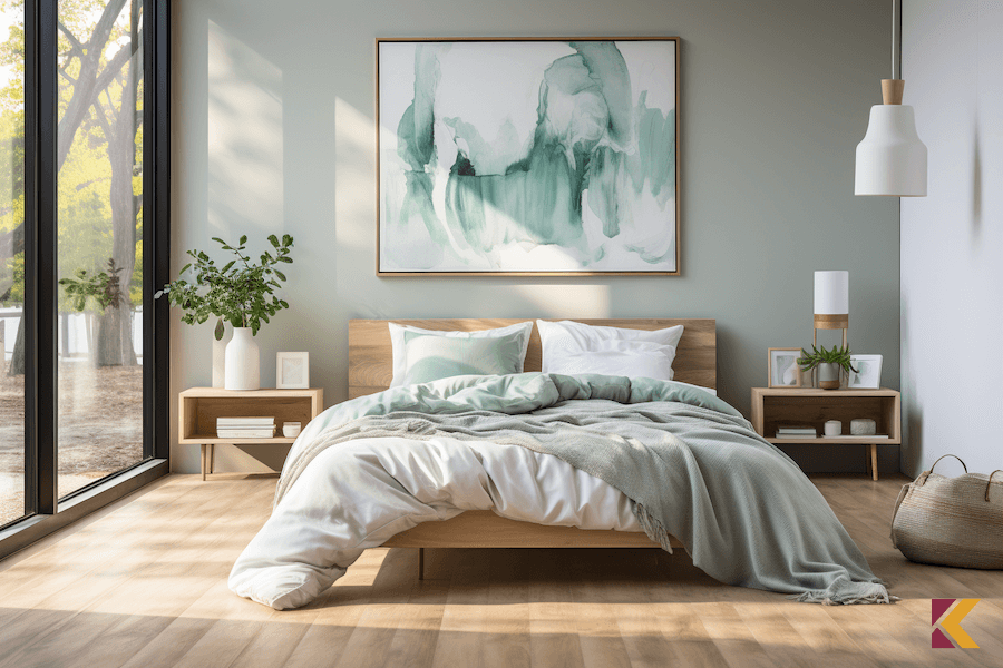 Sypialnia w kolorach seledynowy i biały, drewniane panele i meble