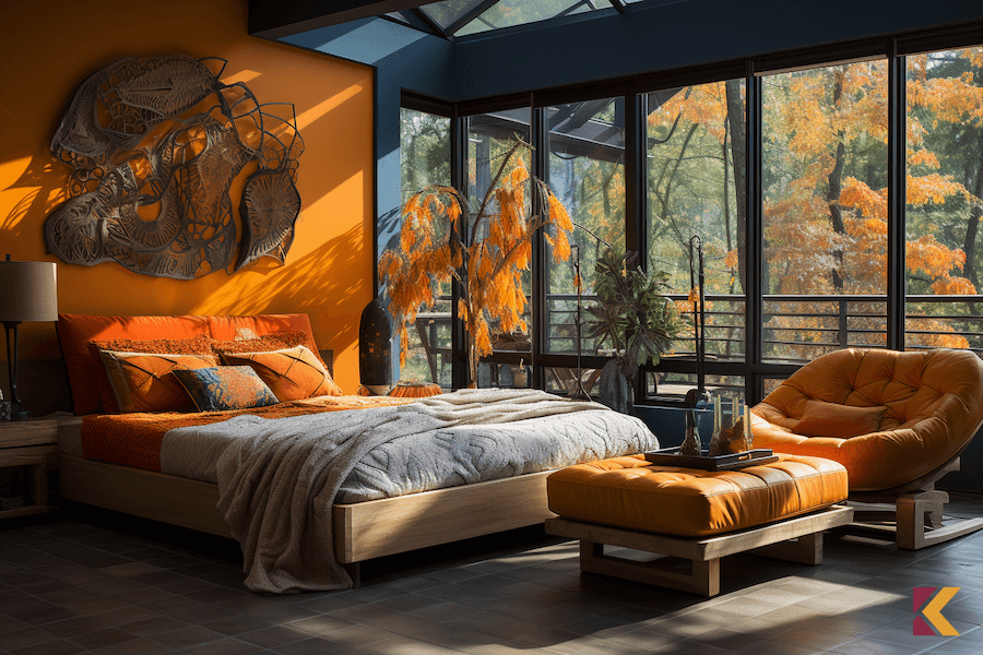 Sypialnia, pomarańczowa ściana główna, niebieskie ściany boczne