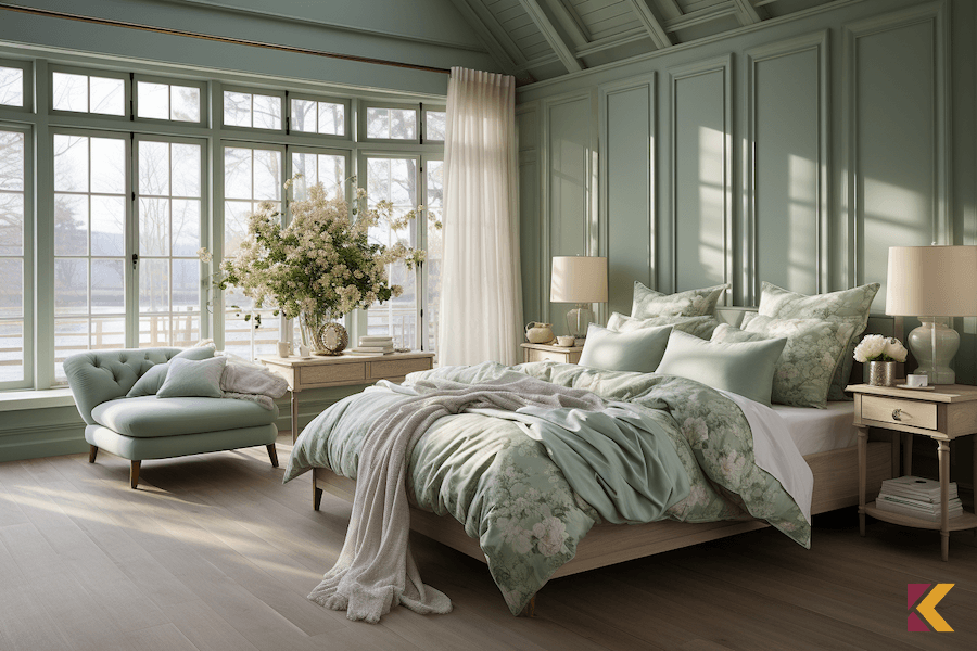 Sypialnia w w stylu klasycznym w kolorach seledynowy, biały, odcienie beżu