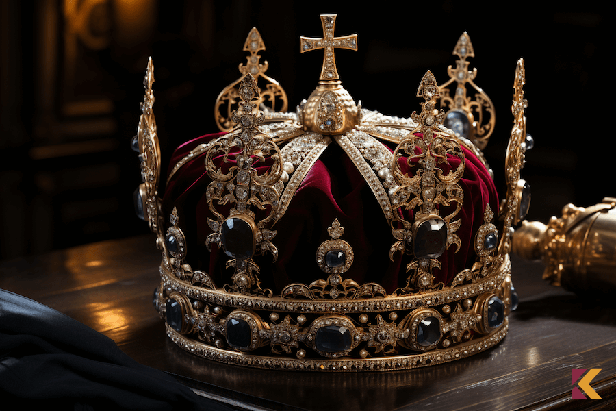 Złoto-burgundowa korona królewska zdobiona kamieniami szlachetnymi