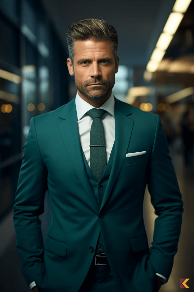 Elegancka stylizacja męska: morski garnitur z dopasowanym krawatem, biała koszula