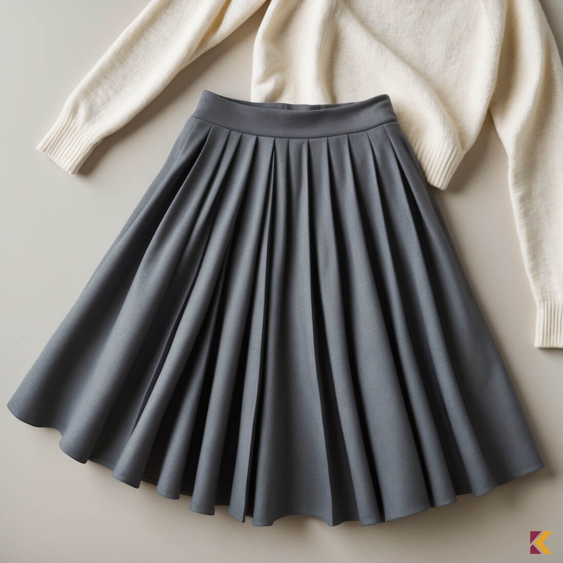 Zestaw: grafitowa, rozkloszowana spódnica i sweterek ecru