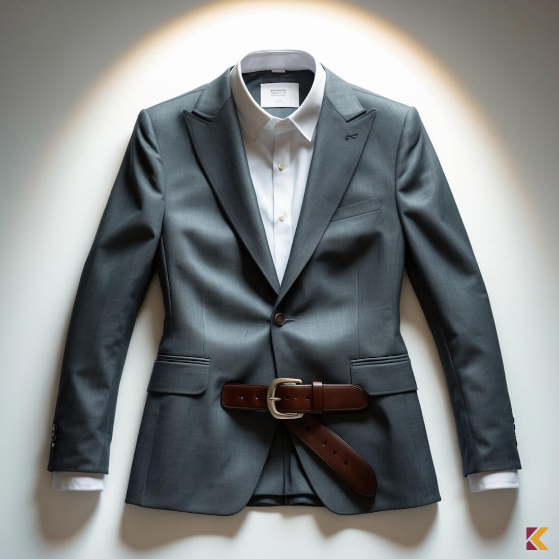 Grafitowy garnitur, biała koszula, brązowy pasek